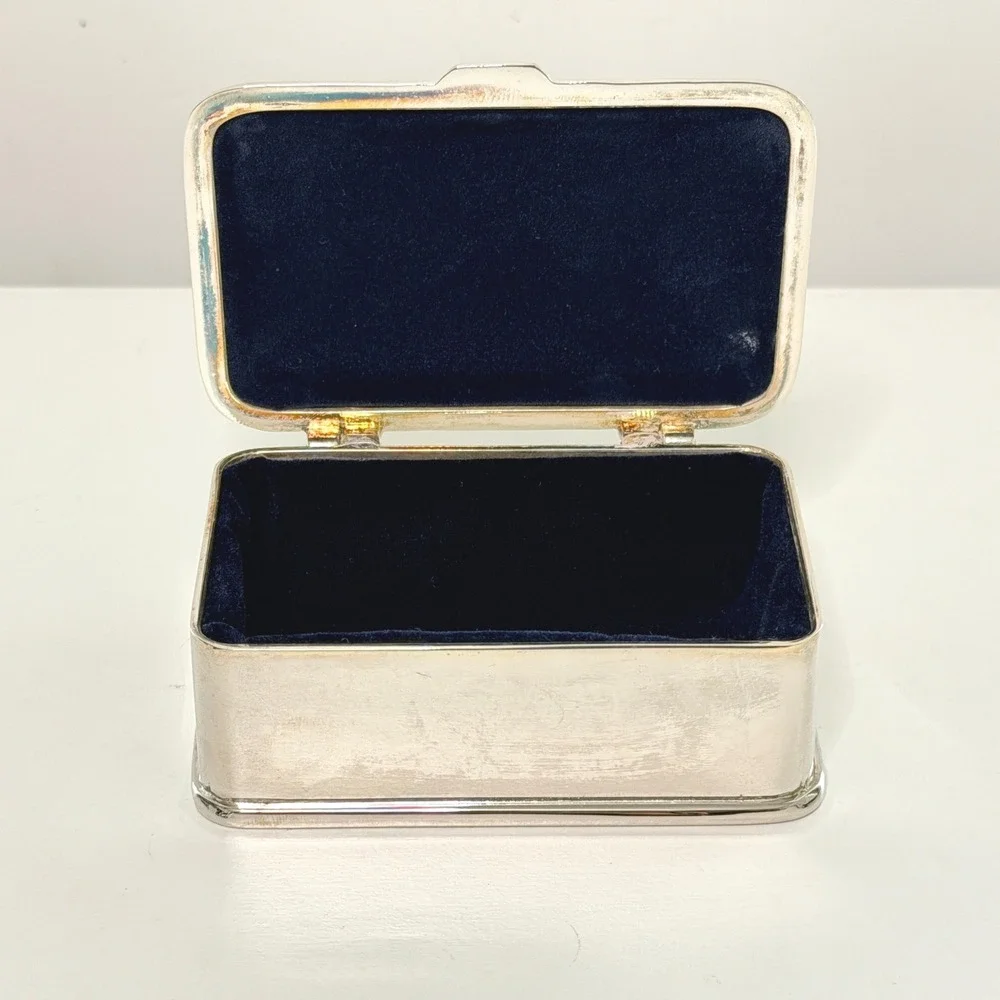 Vintage Silver Plate Trinket Box Blue Velvet Lined Jewelry Keepsake Box